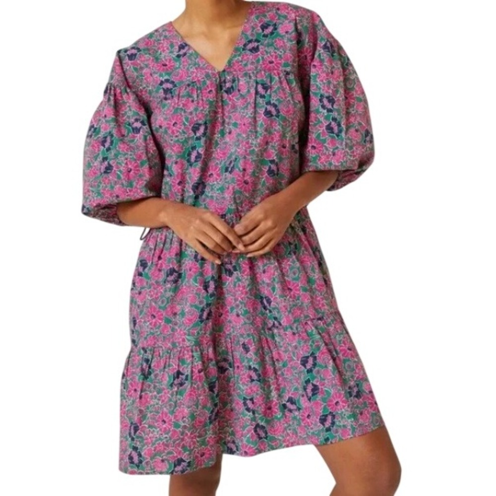 SUNDRY ANTHROPOLOGIE 0 XS Pink Green Ditsy Floral Tiered Pleat Bubble Midi Dress